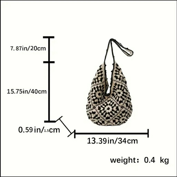 NEW! Crochet Boho Shoulder Bag (Black & White) - Picture 5 of 9